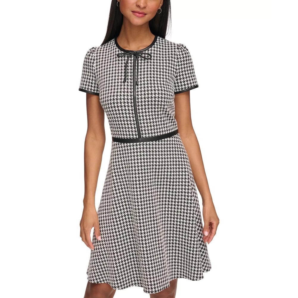 KARL LAGERFELD PARIS Women's Houndstooth Puff Sleeve Bow Neck Dress‎ Size 12 NEW
